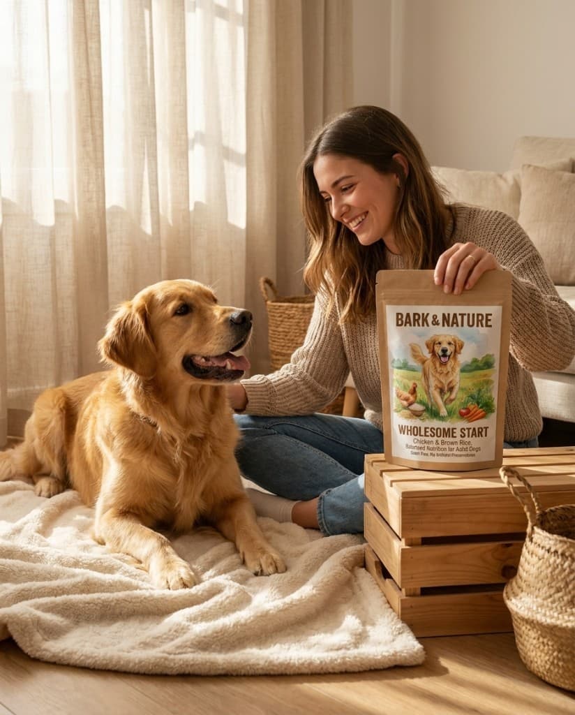 After - lifestyle scene with woman and golden retriever at home