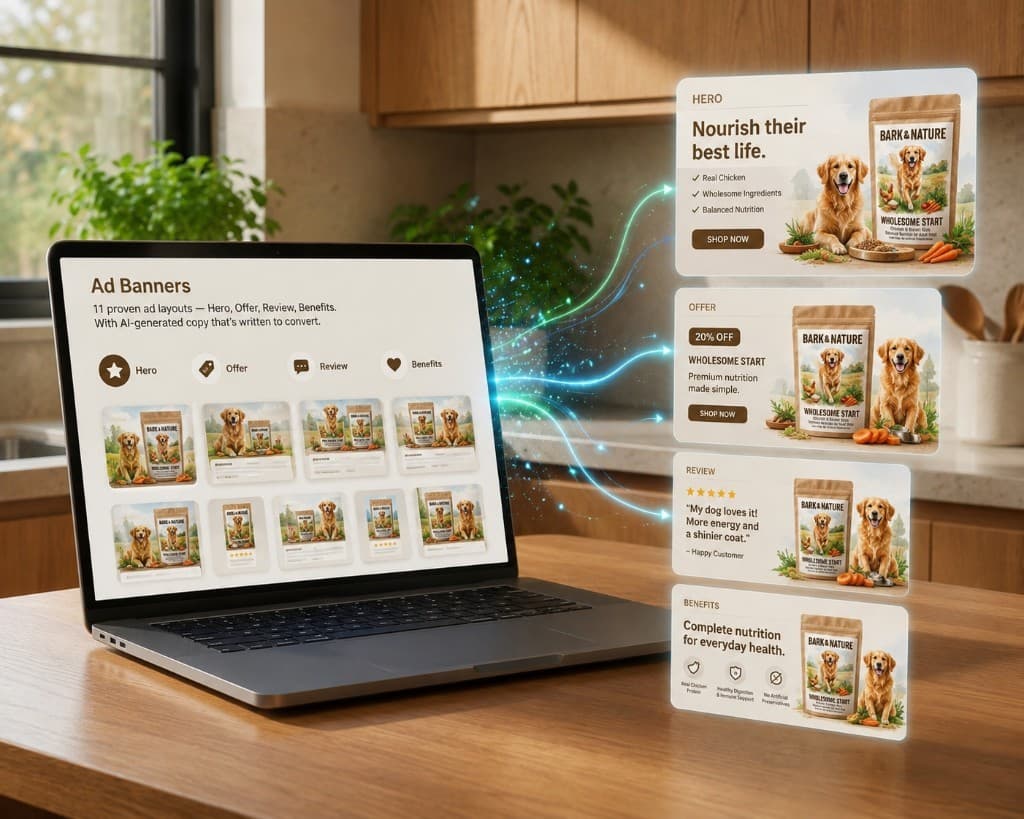 Ad banners - Hero, Offer, Review and Benefits layouts for pet brands