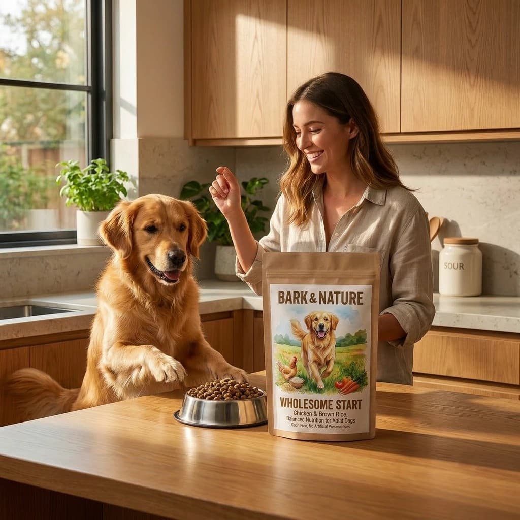 Lifestyle with pets - dog food ad in cozy kitchen scene